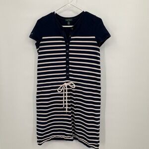Lauren Ralph Lauren Navy Striped Henley T-Shirt Dress Rope Drawstring Small